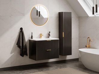 Vente-Unique Mobile per bagno sospeso con scanalature e lavabo da incasso e colonna 80 cm Nero - ZEVARA