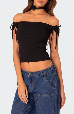 Edikted Jess Tie Sleeve Off the Shoulder Crop Top in Black at Nordstrom, Size X-Small