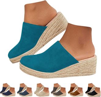 Generic Ladies Closed Toe Sandals Wedge High Heel Platform Sandals For Women Backless Walking Clogs Non Slip Comfy Mules Straw Thick Bottom Sliders Lightweigh