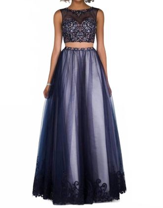 Alyce Paris Two Piece Embellished Tulle Prom Dress In Navy/blush