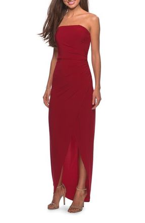 La Femme Long Strapless Jersey Dress with Side Ruching in Red at Nordstrom, Size 00