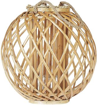 Beliani Linterna De Madera De Sauce Color Claro Y Vidrio 41 Cm Redondo Interior Exterior Escandinavo Samoa