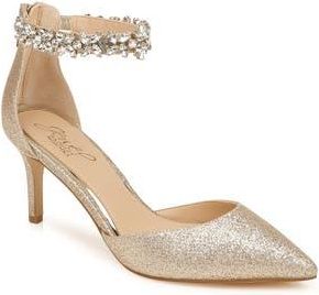 Badgley Mischka Raleigh Pointed Toe Ankle Strap Pump in Light Gold Glitter at Nordstrom Rack, Size 7
