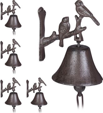 Relaxdays 5 Campanas Hierro Fundido Puerta, P&aacute;jaros De Adorno, Estilo R&uacute;stico, Sonido Fuerte, Campanas Pared, Resistentes, Marr&oacute;n