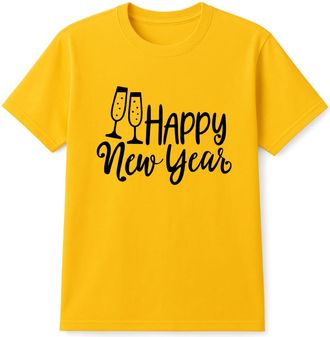 Generic Happy New Year T-Shirt, Sparkling New Year Party Theme, Festive 2025 Holiday Tee, Unisex Celebration Gift Top (Yellow, 2XL)