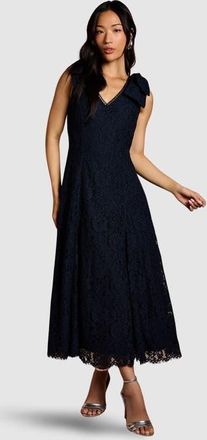 Coast Bow Shoulder V Neck Lace Midi Dress in Navy at Nordstrom, Size 8