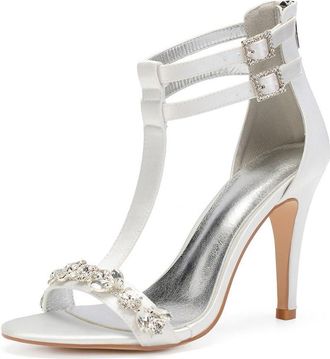 Generic Wedding Shoes High Heels Women Bridal Stiletto Heels Open Toe Heeled Sandals for Dressy Wedding Party 10.5Cm,Ivory,9 UK