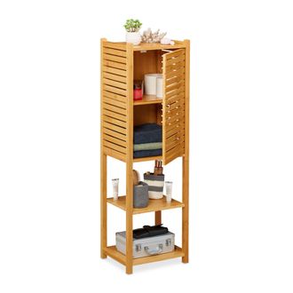 Relaxdays Estanter&iacute;a De Ba&ntilde;o, Cinco Baldas, Con Puerta, Mueble Auxiliar Estrecho, Bamb&uacute;, 113 X 35 X 29 Cm, 1 Ud., Marr&oacute;n - Relaxdays