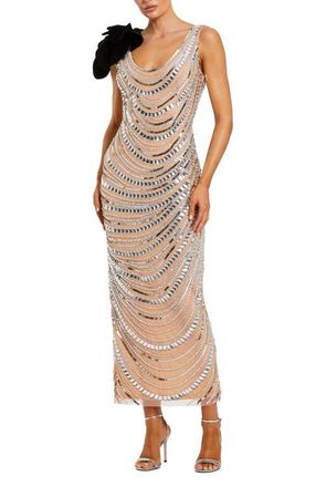 Mac Duggal Mesh Beaded 3D Flower Cowl Back Ankle Dress in Silver Nude at Nordstrom, Size 12