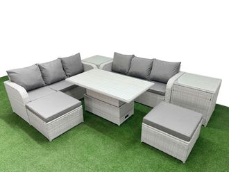 Fimous Outdoor Garden Furniture Sets 8 Seater Wicker Rattan Furniture Sofa Sets w/ Adjustable Lifting Dining or Coffee Table high Back Lounge Sofa 2