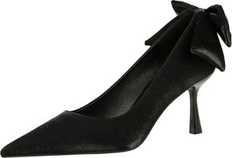 Generic Women Pointed Toe High Heel Stiletto Pumps 6.5CM Satin Pump Bow Wedding Evening Party Court Shoes (Black,3.5)