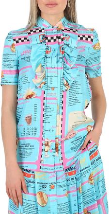 Moschino All-Over Diner Menu Print Short Sleeve Silk Blouse