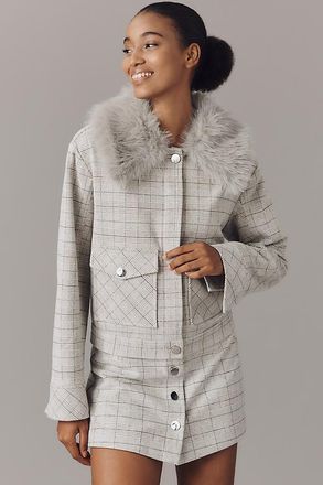 Maeve Faux Fur Collar Plaid Jacket