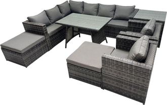 Fimous Fimous 10-seater Outdoor PE Rattan Sofa Set with Dining Table Patio Garden Furniture Sets with 2 Chair 2 Big Stools Side Table Dark Grey Mixed
