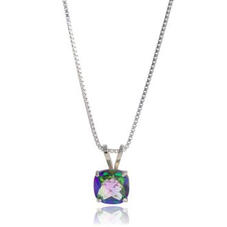 MAX + STONE 14k White Gold 8mm Cushion Cut Gemstone Pendant Necklaces with 18 inch Box Chain