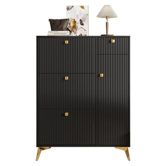 STILVORA Mueble Zapatero Con 3 Solapas, 1 Caj&oacute;n Y 1 Puerta, Con Almacenaje, Para Entrada, En Madera Y Metal, Negro, 90&times;25&times;121 Cm