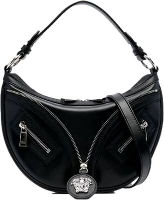Versace Womens Repeat La Medusa Small Hobo Shoulder Bag In Black Calfskin Leather