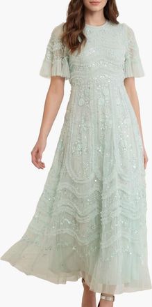 Needle & Thread Gianna Ruffle Short Sleeve Maxi Gown in Sea Mist at Nordstrom, Size 10