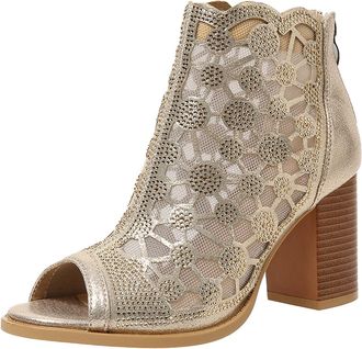 Generic Fashion Women Autumn Mesh Rhinestone Thick Sole Square Heel Zipper Booties Open Toe Sandals Casual Footwear (Gold, 4.5)