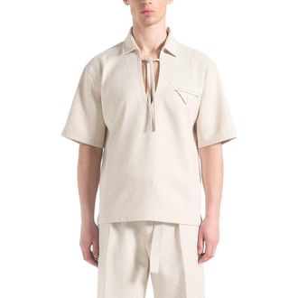 Mani&egrave;re De Voir Norbert Open Collar Textured Drawstring Shirt in Cream at Nordstrom, Size Xx-Large