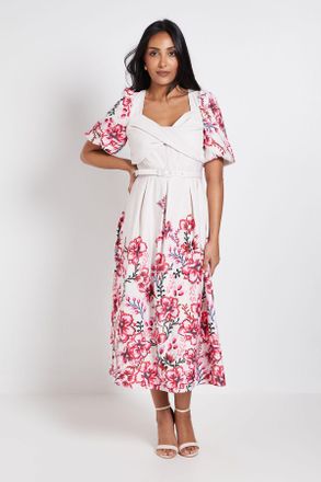 Wallis Womens Petite Floral Ottoman Twist Midi Dress - White - Size 18 UK