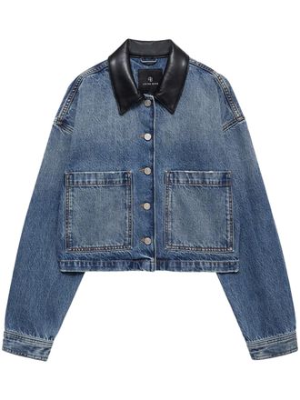 Anine Bing Cropped Denim Jacket with Leather Collar and Boxy Silhouette