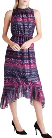 Kensie Satin Stripe Ruffle Hem Sleeveless Midi Dress In Navy