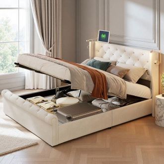 OEM Cama Doble 140x190 Cm - Terciopelo Beige - Cofre Hidr&aacute;ulico - Led + Usb - Somier De Lamas