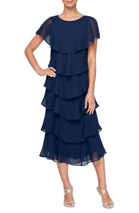 S.L. Fashions Tiered Chiffon Midi Dress in Navy at Nordstrom, Size 16