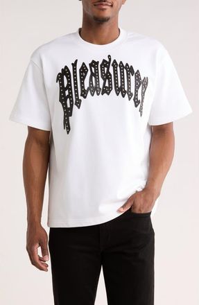 Pleasures Twitch Leather Appliqu&eacute; & Rhinestone T-Shirt in White at Nordstrom, Size Xx-Large