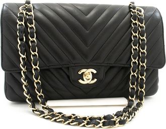 Chanel Timeless - Classic Double Flap Chevron Lambskin Black Leather Handbag (Pre-Owned)