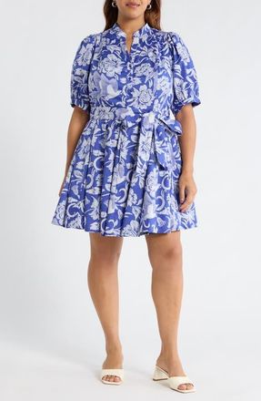 Sugarlips Floral Puff Sleeve Pleated Cotton Shirtdress in Navy-White at Nordstrom, Size 1 X