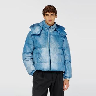Diesel Hooded down jacket with denim-effect print - Winter Jackets - Man - Blue