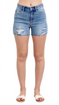 Judy Blue High Waist Shorts With Stitch Over Destroy In Medium Wash