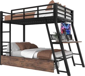 STILVORA Cama Alta 90 X 200 Cm Con Escritorio, 2 Cajones, Led Regulable Y Barandilla, Sin Colch&oacute;n, De Metal, Negro