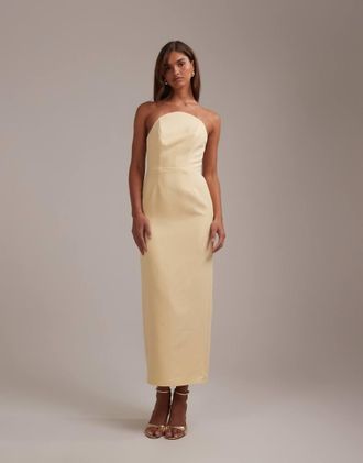 Asos Vestito a fascia da cerimonia in cr&ecirc;pe strutturato color limone con scollo alto arrotondato-Giallo
