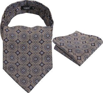 Alizeal Mens Cravat Tie Regular Flower Dot Patterned Ascot Tie and Pocket Square Set, Navy+Brown