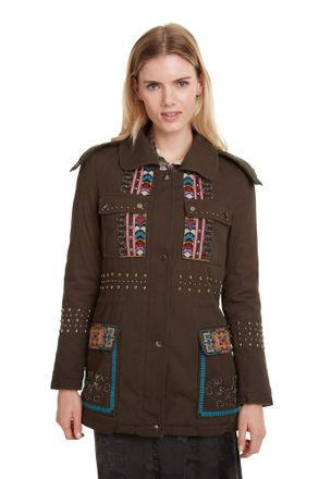 Desigual Womens Khaki Lena Ethnic Embroidered Parka Jacket 42