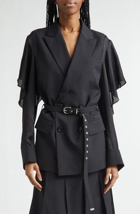 sacai Chalk Stripe Mixed Media Belted Blazer in Black at Nordstrom, Size 1