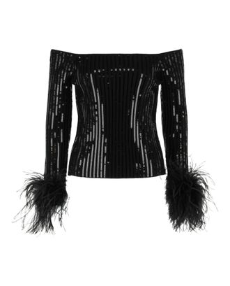 Valentino Sequin Feather-Trim Cropped Sweater