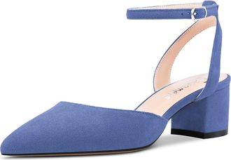 Castamere Women Chunky Block Mid Heel Close Pointed Toe Pumps Court Shoe Ankle Strap Slingback Buckle Party Dress Shoes Blue 7 UK