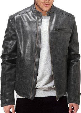Generic Mens Leather Biker Jacket - Vintage Leather Jacket Men Motorcycle - Stand Collar Distressed Leather Bomber Jacket Men(D-Grey,M)
