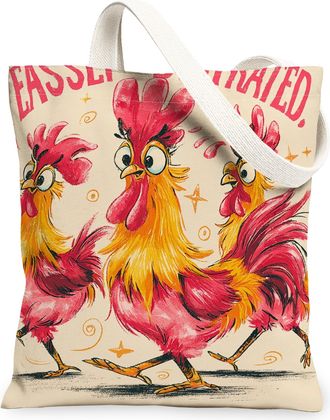 Generic Funny Rooster Canvas Tote Bags, Colorful Chicken Pattern Reusable Grocery Bags, Summer Playful Lightweight Washable Shoulde, Colorful, 13x15 Inch