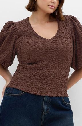 City Chic Chrissie Texture Puff Sleeve Top in Chocolate at Nordstrom