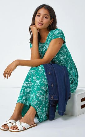 Roman Ditsy Gathered Skirt Stretch Midi Dress