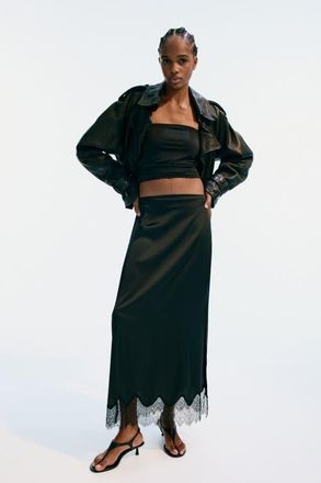 H&M Lace-trimmed Satin Skirt in Black at Nordstrom, Size 10