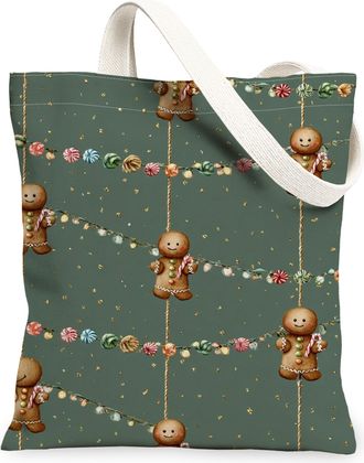 Generic Gingerbread Canvas Tote Bags, Cute Holiday Dessert Pattern Reusable Grocery Bags, Fun Festive Lightweight Washable Shoulder, Green, 13x15 Inch