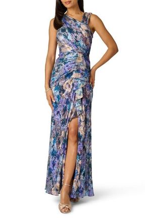 Adrianna Papell Floral Metallic Crinkle Asymmetric Neck Gown in Blue Multi at Nordstrom, Size 14
