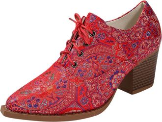 Generic Red Women Red Pointed Toe Shoes Lace Up Chunky High Heel Ethnic Print for Casual Four Season Wear