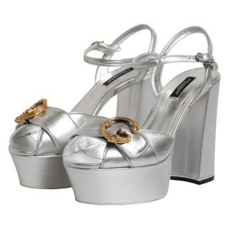 Dolce & Gabbana Silver Logo Ankle Strap Heels Sandals Womens Shoes